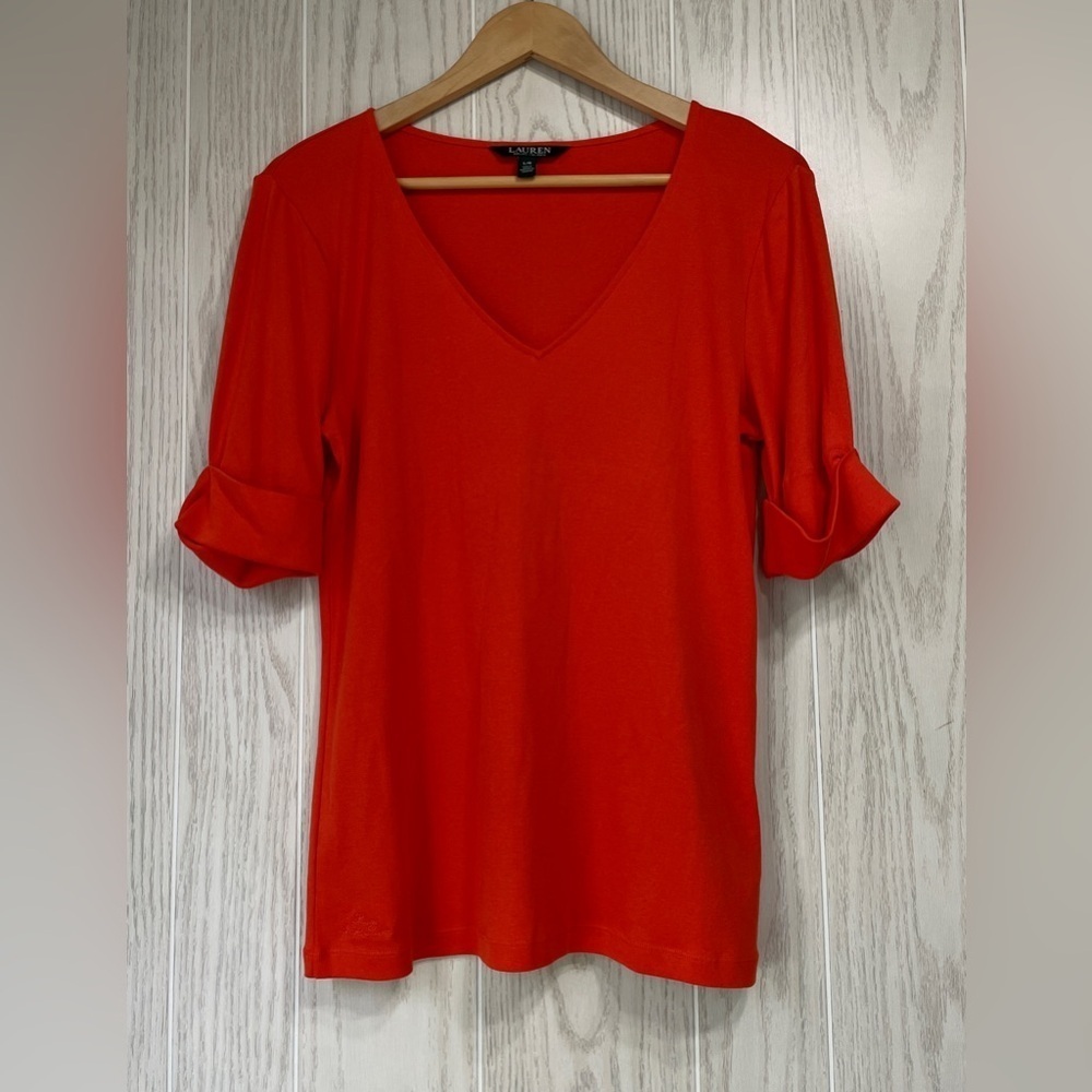 Lauren Ralph Lauren Orange  V-Neck Short Sleeve Pullover T-Shirt Top Size L LNC